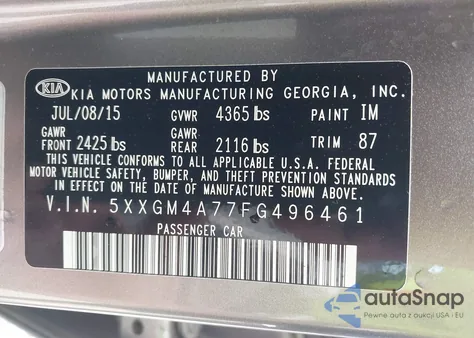 2015 Kia Optima Lx z USA, uszkodzony, nr VIN 5XXGM4A77FG496461